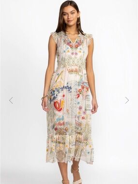 Sleeveless Embroidered Floral Midi Dress in Cream